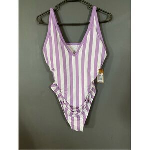 Kona Sol One Piece V-neck Striped Swimsuit Size 16W   NWT